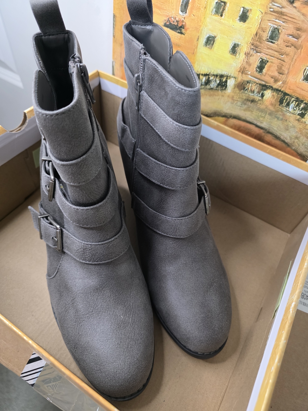 Bella Vita Gray Suede Buckle Strap Ankle Boots